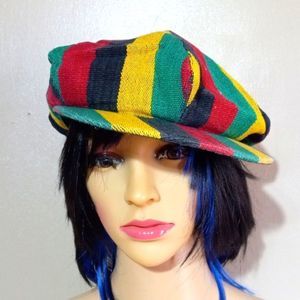 Bohemian style textile red green yellow black vtg. women's cap with visor. OS